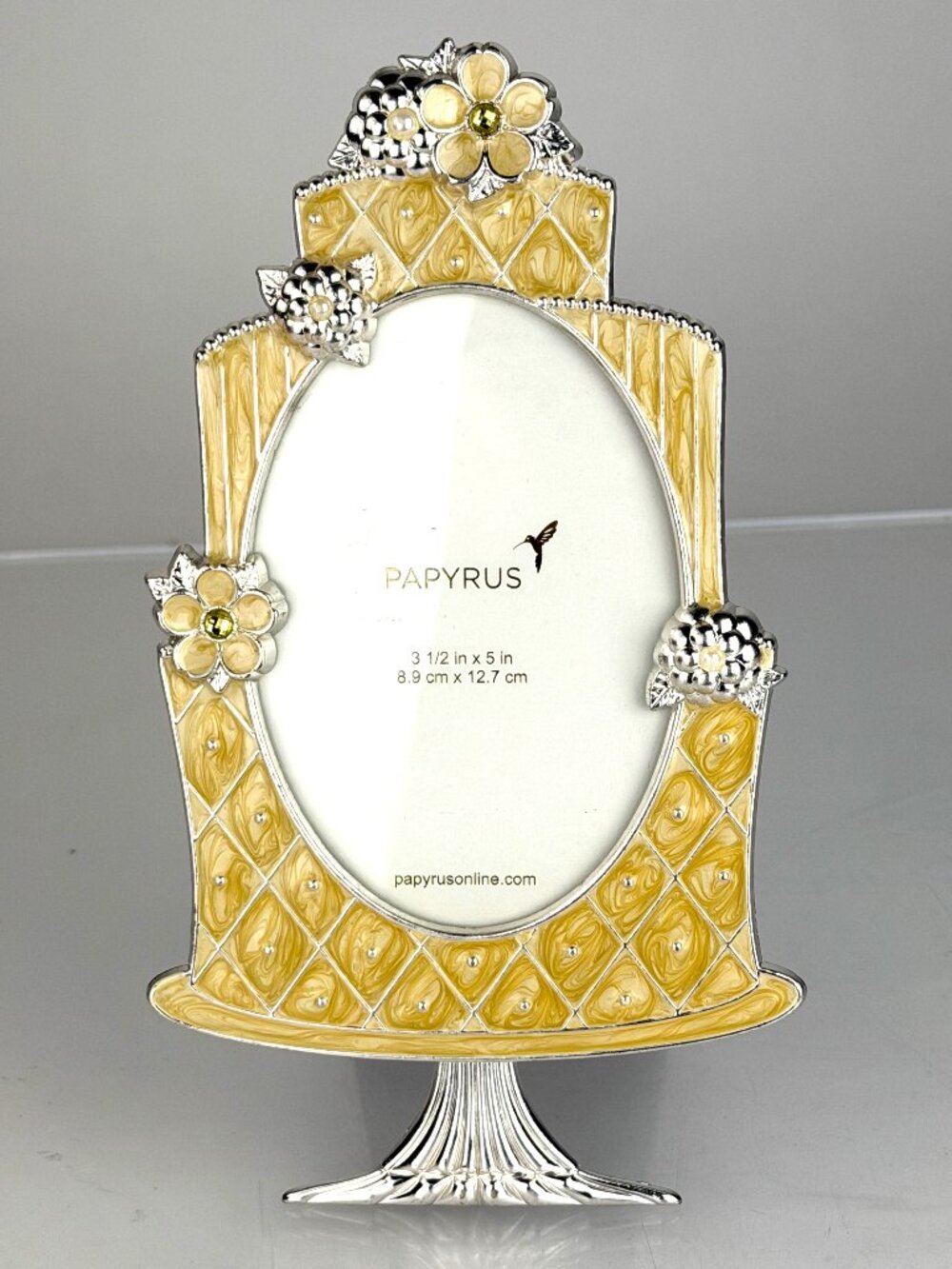 NWT Papyrus Vintage Wedding Cake Picture Frame Silver Yellow Enamel Pearl 3.5x5